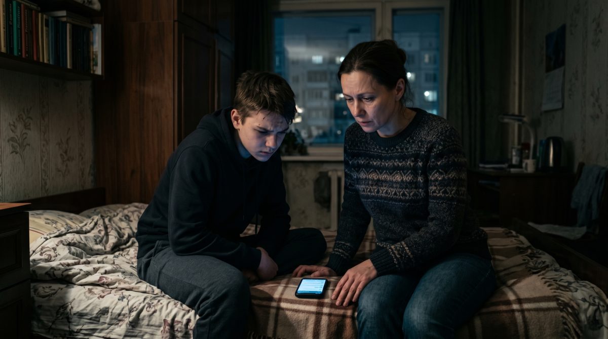 Мать и сын-подросток смотрят на экран смартфона, тяжелая семейная драма и конфликт поколений.