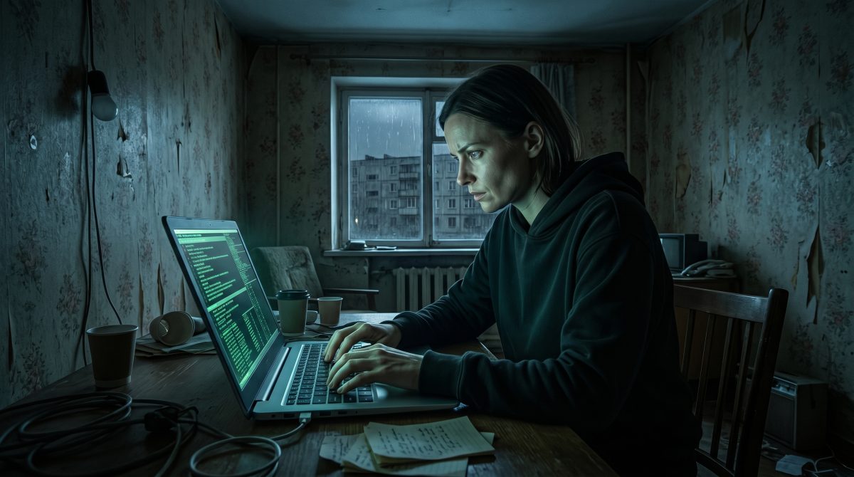 Сильная женщина за ноутбуком в темной комнате рушит империю мужа-тирана.