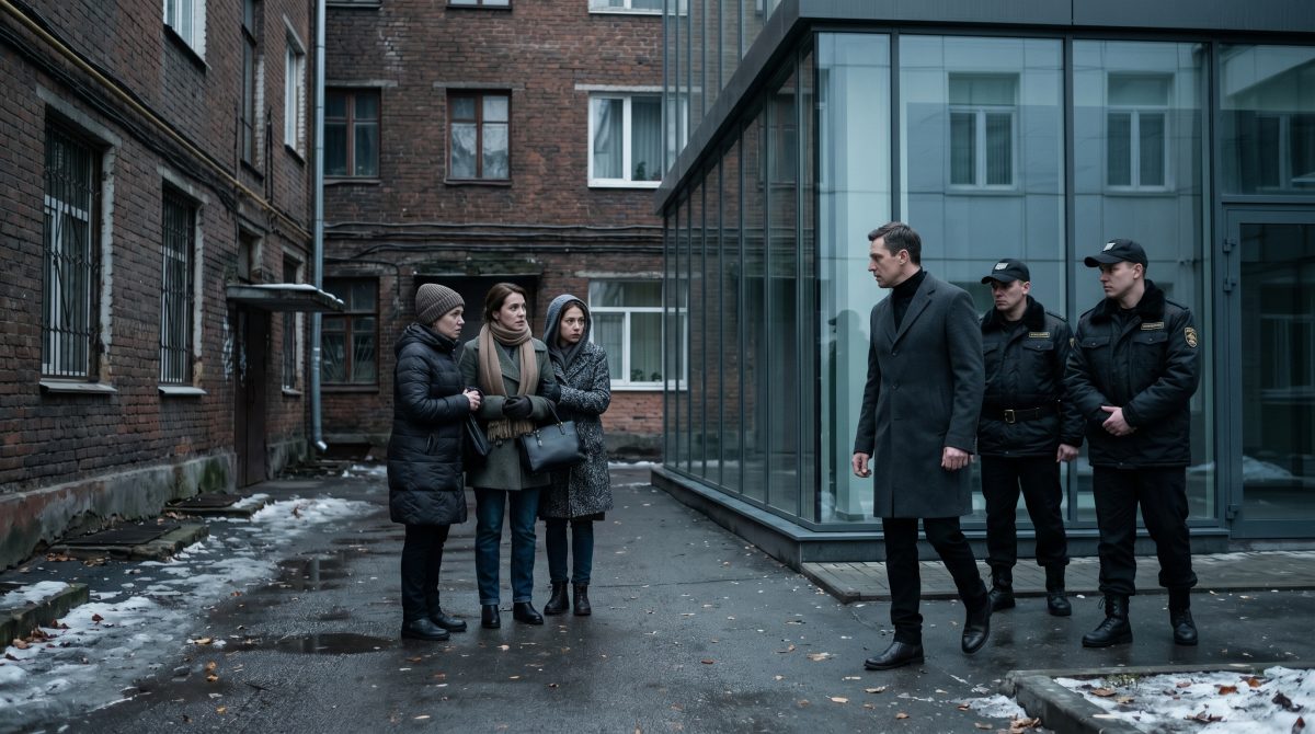 Три испуганные женщины встретились с охраной у стеклянного здания, эта семейная драма рассказ.