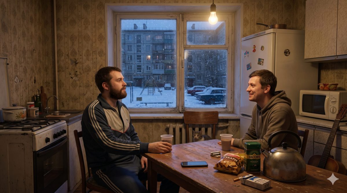 Двое друзей вспоминают истории о любви на кухне зимним вечером