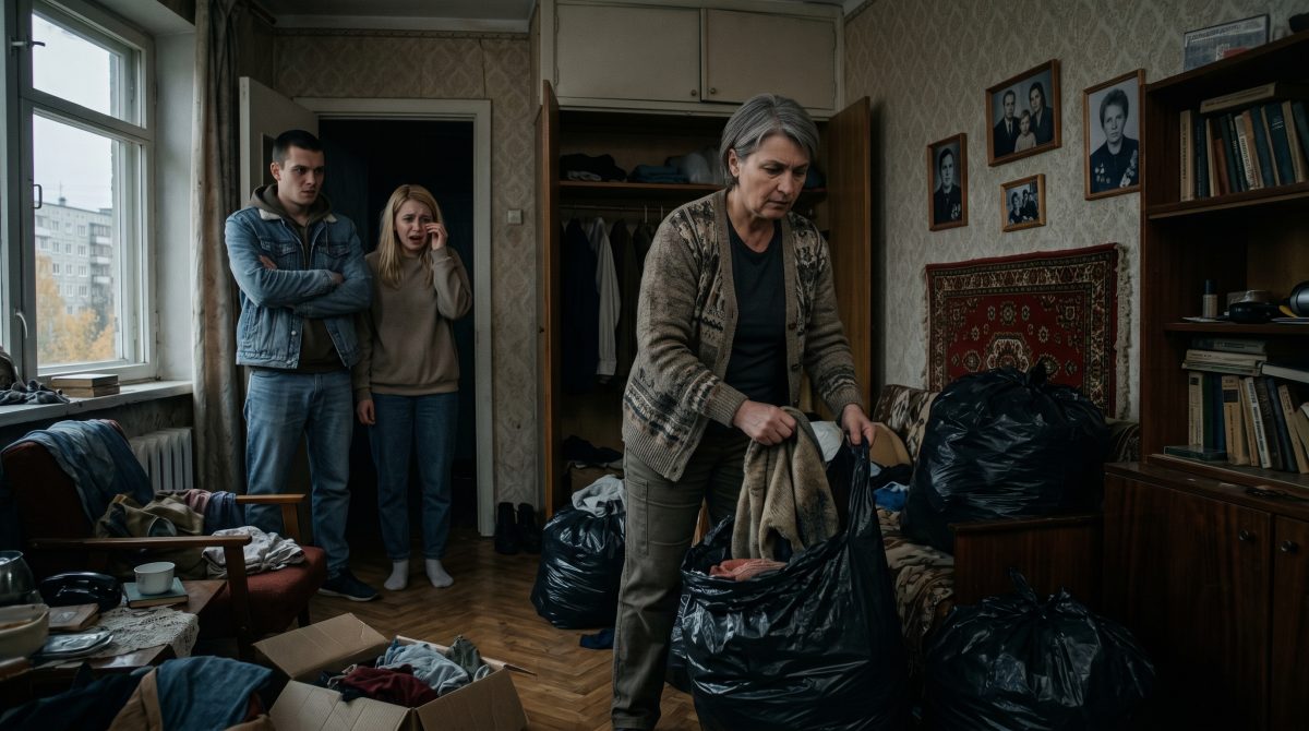 Жестокий семейный конфликт: решительная женщина методично собирает пожитки наглых родственников в огромные черные пакеты.