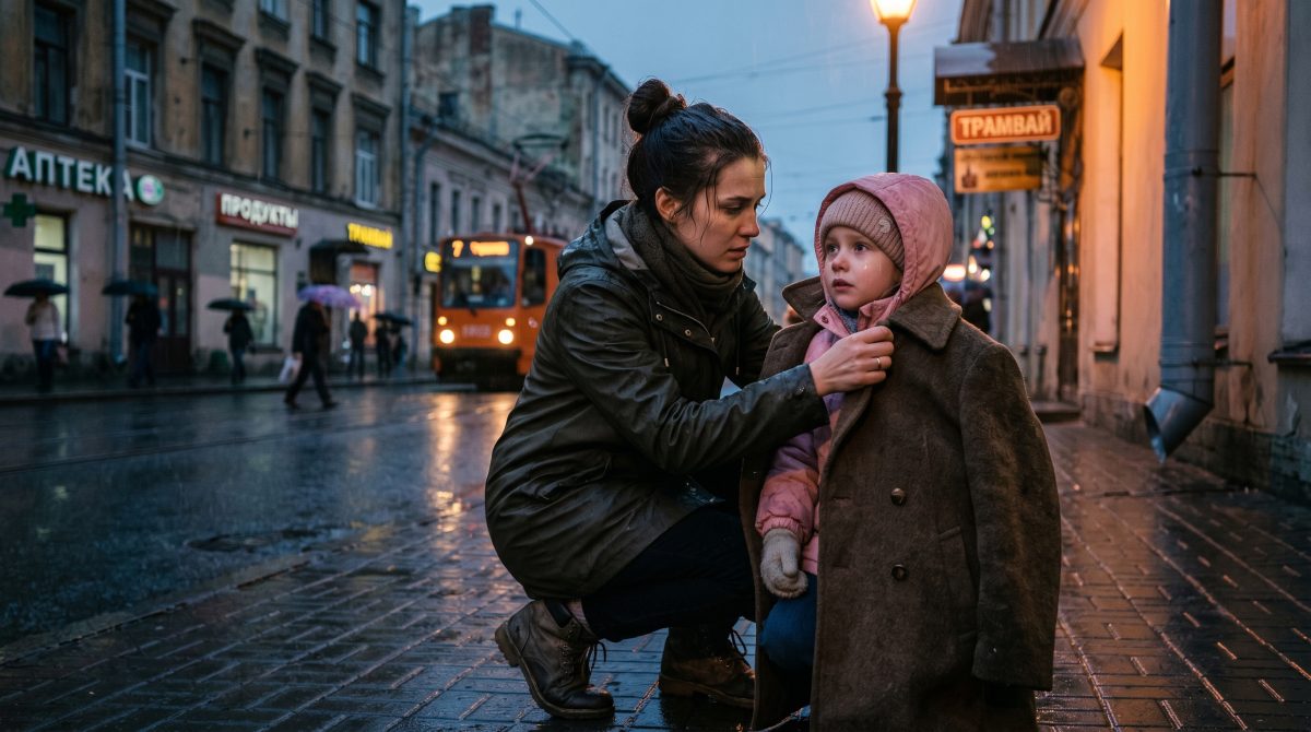 Женщина согревает замерзшую девочку на улице под дождем, иллюстрация к рассказу про семейную драму.