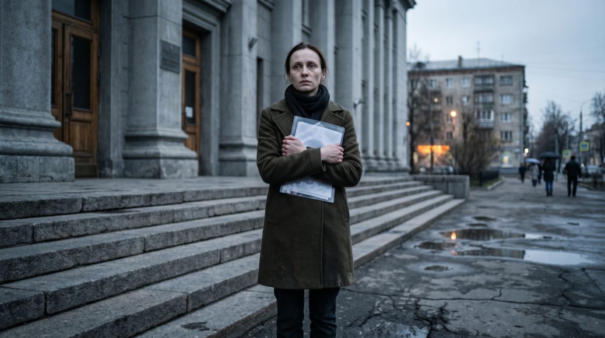 Женщина у здания суда сжимает папку с документами — семейная драма о наследстве и предательстве