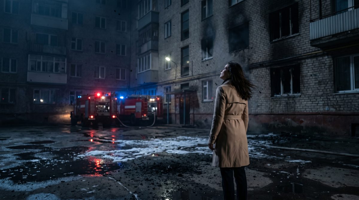 Женщина смотрит на сгоревшую квартиру ночью — жизненная история о цене жадности и предательства.