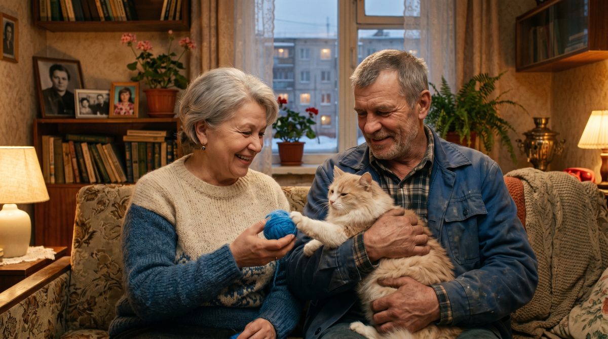 Пожилая пара с пушистым котом и синим клубком пряжи. Добрый и трогательный рассказ для души.